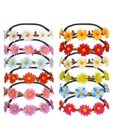 Flower Headband 12 Pieces Multicolor Daisy Floral Crown with Elastic Ribbon for Women Girl Festival Wedding Party Holiday