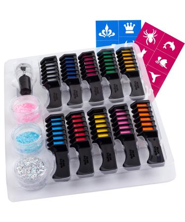 Blue Squid Hair Chalk for Girls  Hair Color Combs, Vibrant Temporary Hair Color for Kids, Washable Hair Dye, Teenage Girls Gifts Ideas, Perfect 6 7 8 9 10 11 12 Girl Gifts Multi+GlitterTattoo - 10pcs 16 Piece Set
