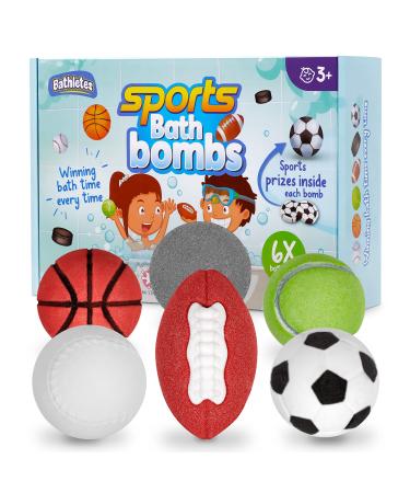 Bathletes 6pc Sporty Kids Bath Bombs Kit with Surprise Inside - Girls & Boys Bath Toys w/ 6 Sports Prizes - Perfect for Birthdays -Toddlers 3+