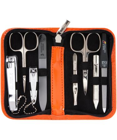 Three swords - 8 pcs.Manicure set 'Roma' |High quality nail care set in orange synthetic leather case |Contents: nail scissors set foot and nail clippers tweezers glass nail files sapphire nail file orange - synthetic leather