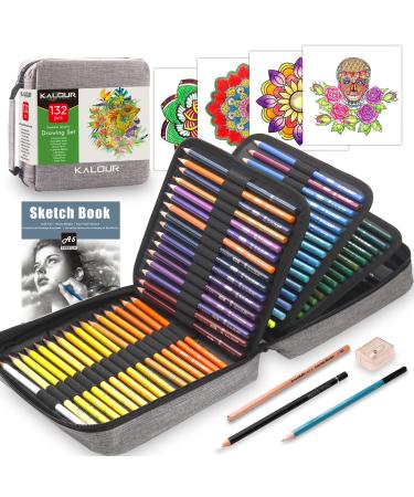 KALOUR 132 Colored Pencils Set,with Adult Coloring Book and Sketch Book,Artists Colorless Blender,Zipper Travel Case,Soft Core,Ideal for Drawing Sketching Shading,Art Supplies for Beginners Kids