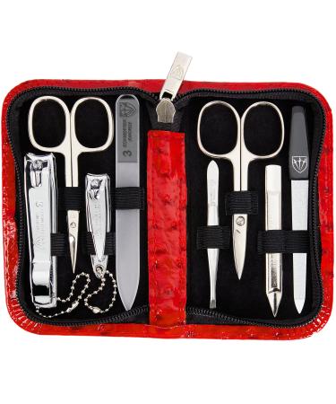 3 Swords Germany - brand quality 8 piece manicure pedicure grooming kit set for professional finger & toe nail care scissors clipper fashion leather case in gift box Made by 3 Swords (004017) RED - OSTRICH IMITATION