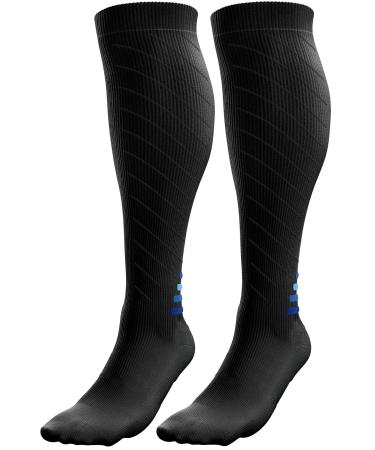 aZengear Compression Socks (20-30mmHg) Anti DVT Air Flying Knee-High Flight Travel Stockings Swollen Legs Varicose Veins Running Shin Splints Calf Pressure Support Sports L/XL Black w/Navy