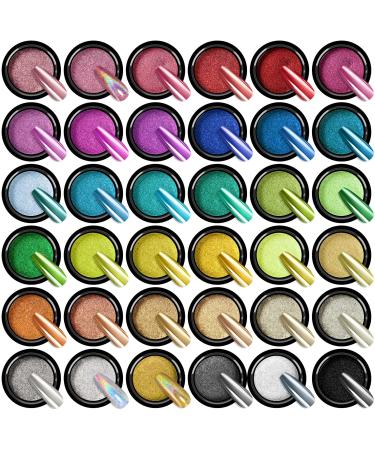 36Pcs Saviland Mirror Chrome Nail Powder Set - Metallic Holographic Chrome Nail Powder Black Blue Silver Gold Mirror Nails Chrome Powder for Nails French Manicure Nail Art Decoration Home Salon DIY 36PCS Chrome Nail Powder Set