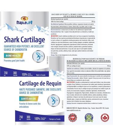 MapleLife Nutrition - Shark Cartilage 750mg - Excellent Source of Chondroitin - High Potency Pure Ingredients Calcium Carbohydrates Maintain Bone Health Reduce Joint Pain Anti-Inflammation Reduce Swelling & Redness of Joints Free of Artificial Ingredients - Buy Online on SooperMarket.com