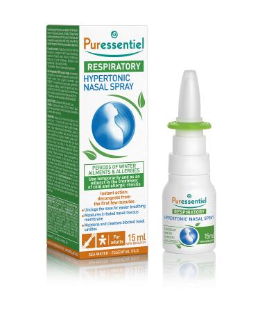PURESSENTIEL - Respiratory Hypertonic Nasal Spray with 4 essential oils - Decongests the nose for easier breathing - Used to treat winter ailments and allergies - 100% from natural sources - 15ml