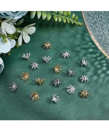 PandaHall Flower Bead Cap 60pcs Brass Bell Bails End Charm Caps with Filigree Spacer Beads - DIY Jewelry Making Supplies in Golden, Silver, Platinum - Buy Online on SooperMarket.com