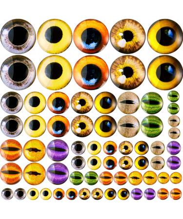 70 Pcs 40/25/16/8 mm Large Animal Glass Eye Round Cabochon Eyes Half Round Dragon Eyes Mixed Printed Round Eyes 4 Sizes Mini Animal Eye Cabochons for Art Doll Props DIY Jewelry Making (Novel Style)