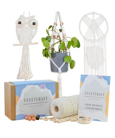 CULETCRAFT Macrame Kit for Beginners 153pc  15 Projects Book  164yd Cotton Macrame Cord  Wooden Beads & Sticks  Wooden & Metal Rings  Gift Box  Book & Accessories  Perfect Macrame Starter Kit