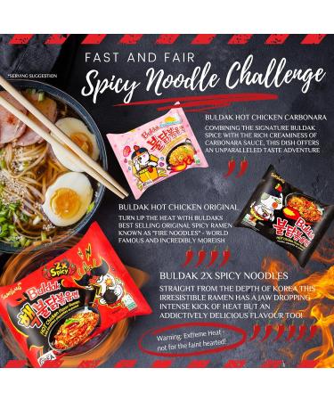 Ultimate Spicy Noodle Challenge Pack Samyang Buldak Variety Bundle with 2x Carbonara 2x Original Hot Chicken and 2x Nuclear Fire Double Spicy Noodles Korean Fire Noodle Challenge Kit - Buy Online on SooperMarket.com