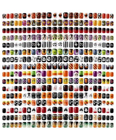 384 Pcs 16 Pack Halloween Press on Nails Halloween Short Fake Nails Square False Nails Plastic Artificial Nail Tips Full Cover Coffin with Ghost Pumpkin Spider Pattern for Women (Stylish Pattern)