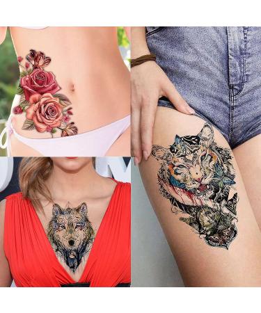 VANTATY 54 Sheets Large Watercolor Temporary Tattoos - Tribal Wolf Lion Tiger Owl Flower Designs for Men and Women - Long Lasting Fake Tattoos for Thigh, Arm, and Chest - Buy Online on SooperMarket.com