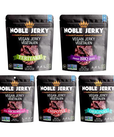 Noble Jerky – Vegan, Vegetarian, Plant Based Snack, Variety Pack, 2.47 oz Bags (5 Bags), BBQ, Teriyaki, Chipotle, Original and Hickory, Non GMO