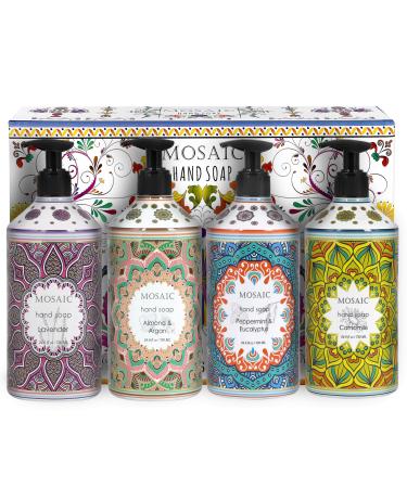 AnatoliaDaphne Mosaic Liquid Hand Soap/Wash Gift Set Ideal Bathroom Kitchen Hand Soap Set Lavender + Almond & Argan + Peppermint & Eucalyptus + Camomile 4 x 24.6 fl oz Each Liquid Soap Bottle Lavender AlmondArgan PeppermintEucalyptus Camomile