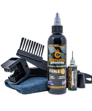 Clenzoil Chain & Sprocket Bike Chain Cleaning Oil & Tool Kit | Cleaner Lubricant Protectant CLP | Bike Chain Cleaner + Chain Lube in One | 4 oz Bottle, 0.5 oz Needle, Microfiber, & Chain Brush