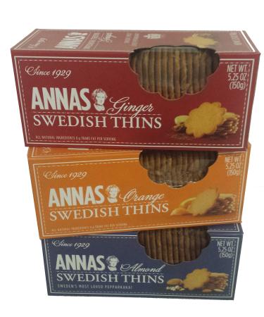 Annas Swedish Thins Assortment, Six 5.25oz boxes, 2 each of 3 flavors, 2 Ginger, 2 Orange & 2 Almond Thins 5.25 Ounce (Pack of 6)