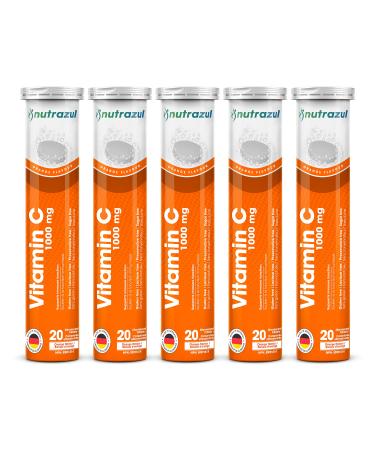 Nutrazul Vitamin C 1000mg Effervescent Tablets - Orange (Pack of 5 X 20) | 100 Days Supply | Gluten Free Lactose Free Sugar Free & Preservative Free | Maintains Immune Function
