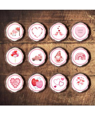PRECUT Pink Valentines Day Mini Cupcake Toppers Love You Edible Cake Topper Edible Valentine Cake Decorations Proposal Decorations Engagement Cake Decoration Cute Anniversary Cake Toppers (48)