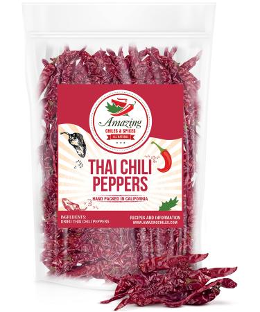 Authentic Red Thai Chili Peppers, 5 oz. Bag, Genuine Hot Red Whole Pepper Chilis, Dried Fresh for Cooking Traditional Asian Foods, Soups, and Curry by Amazing Chiles & Spices 5 Ounce (Pack of 1)