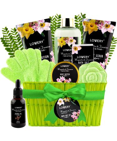 Luxury Spa Bath Gift Set for Women Magnolia & Jasmine Gift Basket with Jojoba Oil Shower Gloves Shower Gel Lotion Body Butter Body Scrub Bath Salt and Bath Bomb in a Wicker Basket