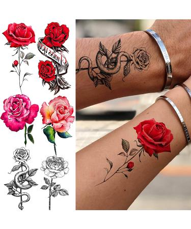 Black Sketch Rose & Snake Temporary Tattoos for Women - Waterproof Sexy Red Rose & Crescent Moon Tattoo Sticker Kit - Buy Online on SooperMarket.com