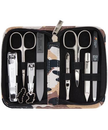 Three swords - 8 pcs.Manicure set 'Roma' |High -quality nail care set in camouflage synthetic leather etui |Contents: nail scissors set foot and nail clippers tweezers glass nail files sapphire nail file camouflage / synthetic leather