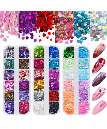 Kalolary 36 Boxes 3D Heart Nail Art Sequins Glitter, Colorful Heart Shaped Nail Glitter Sequins Acrylic Paillettes, Holographic Nail Sparkle Glitter for Valentine's Day Nail Art Decoration Makeup