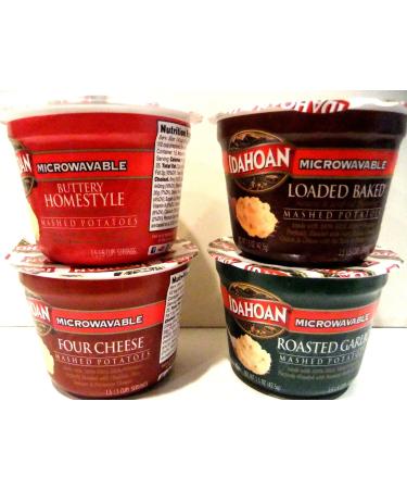 Idahoan Mashed Potatoes Microwavable Single Serve Cups VARIETY 8 PACK + FREE Pack of Heavy Duty Plastic Utensils. 2 Cups each of BUTTER HOMESTYLE, FOUR CHEESE, ROASTED GARLIC, LOADED BAKED (1.5 oz)