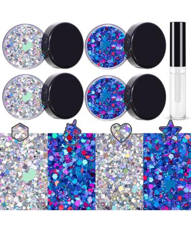 Silver and Purplish Blue Holographic Chunky Glitter Cosmetic Body Hair Face Eye Nail for Festival Carnival Concert Beauty Rave Accessories Different Shapes 4 Pots 32g/1.12oz+ Quick Dry Primer Glue Gel