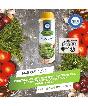 Crunchy Onion Garlic Mini Croutons for Soups and Salads - 2 Pack - 15 oz Each - Kosher Non Dairy - Resealable Container - Buy Online on SooperMarket.com