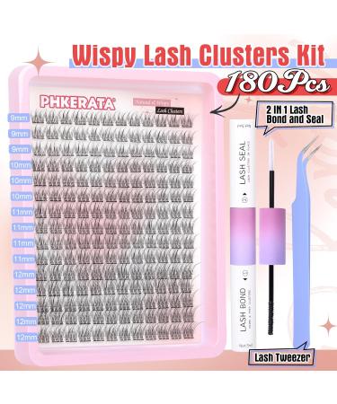 PHKERATA Wispy Lash Extension Kit - 180Pcs Natural Cluster Lashes | DIY Fluffy C Curl Individual Lashes Set with Bond, Seal, and Tweezers | 9-12MM Cluster Wispy Kit - Buy Online on SooperMarket.com