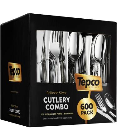 600 Plastic Silverware Set - Silver Plastic Cutlery Set - Disposable Silverware Set - Flatware Set - 200 Plastic Silver Forks - 200 Silver Spoons - 200 Plastic Silver Knives - Heavy Duty - Party Bulk