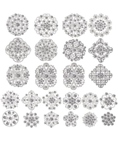 Hiceeden Lot 24 Pcs Clear Crystal Brooches Pins  Silver Shining Rhinestone Brooches Flower Jewelry Bridal Wedding Bouquet Kit Gift for Girls  Women  DIY Decoration