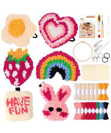 Pllieay 6PCS Punch Needle Coasters kit  Punch needle Rug Coasters Keychains Hair Rope  Easy Punch Needle Kit for Beginners with Adhesive Felt  Punch Needle tools for DIY Punch Needle Embroidery Crafts 6 Patterns