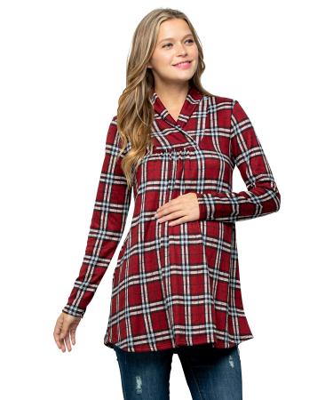 My Bump Maternity Knit Sweater - High Neck Shawl Collar Long Sleeves Tunic Pullover Top (Made in USA) S Burgundy/Blk Lbak