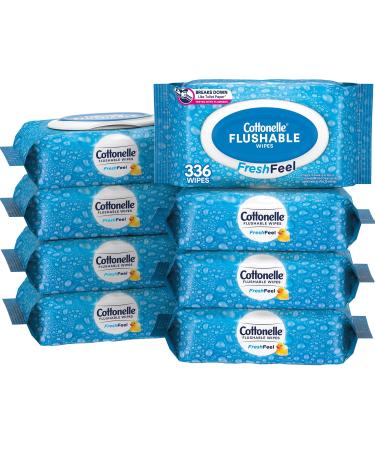Cottonelle Freshfeel Flushable Wet Wipes, Adult Wet Wipes, 8 Flip-Top Packs, 42 Wipes per Pack (8 Packs of 42) (336 Total Flushable Wipes), Packaging May Vary