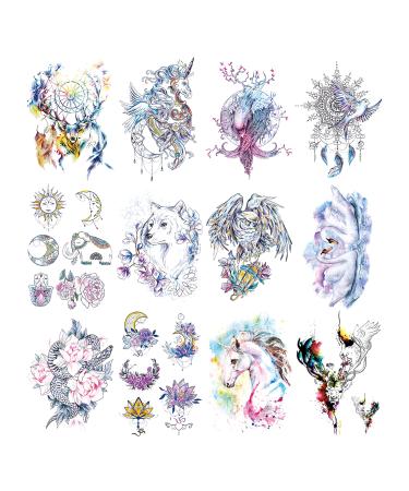 Oottati 12 Sheets Fairy Tales Animal Temporary Tattoo Kit - 21x15cm Pink Unicorn Swan Bird Deer Elf Wolf Owl Eagle Tree Elephant Moon Sun Totem Flower Arm
