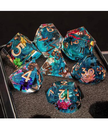 KERWELLSI DND Sharp Edged Resin Dice Set - 7pcs Translucent Polyhedral Dice for Dungeons and Dragons - Handmade RPG Game Dice Set with Gift Box - Flowers & Rainbow - Buy Online on SooperMarket.com