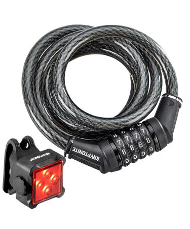 Kryptonite Combo Bike Cable Lock 6 ft Coiled Secure 12mm Braided Steel Cable 4-Digit Resettable Combination Cable Lock with Bright LED Rear Bicycle Light