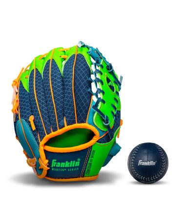 Franklin Sports Teeball Recreational Series Fielding Glove with Baseball 9.5" Glove and Ball Navy/Lime/Orange