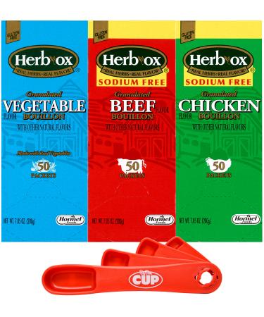 Herb-Ox Granulated Flavor Bouillon Variety, Vegetable, Sodium-Free Chicken and Sodium-Free Beef (Pack of 3) with By The Cup Swivel Measuring Spoon