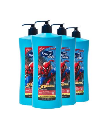 Suave Kids 3 in 1 Shampoo Conditioner Body Wash For Tear-Free Bath Time, Fresh Spider-Sense, Dermatologist-Tested Kids Shampoo 3 in 1 Formula 28 oz, Pack of 4