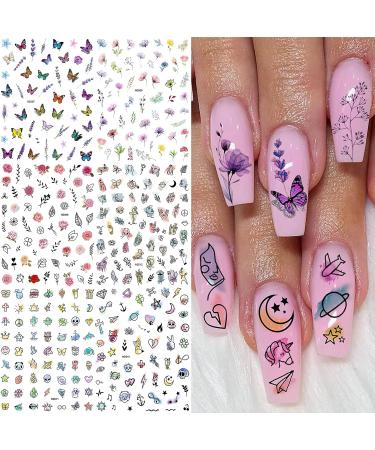 Watercolor Floral and Abstract Nail Stickers - 6 Sheets of Self-adhesive Nail Decals for Women - Flower, Butterfly, and Lady Face Designs - Buy Online on SooperMarket.com
