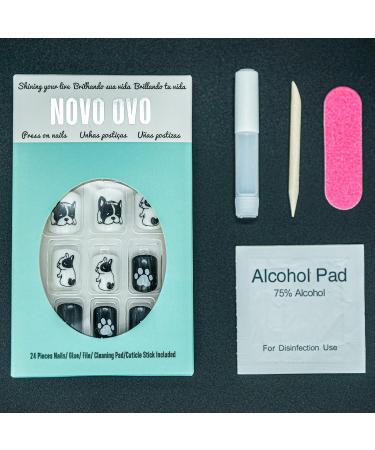 Novo Ovo Press-On Fake Nails - Short Corner Oval Black & White Dog Design | Stick-On Artificial Fingernails with Glue for Valentine's Day | Perfect for Bulldogs & Animal Lovers - Buy Online on SooperMarket.com