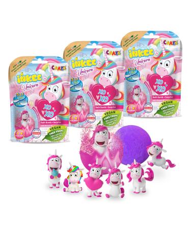 INKEE Bath Bomb Unicorn - Set of 3 Magical Bath Bombs with Surprise 3x Bath Bombs with Unicorn Figures 3x Unicorn Single