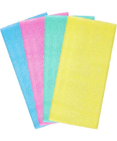 Boao 4 Pieces Exfoliating Washcloth Towel Japanese Washcloth Nylon Beauty Skin Bath Wash Towel Sponge Korean Loofah Bath Cloth Shower Washcloth for Body 35 Inches (Blue  Pink  Yellow  Green)