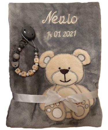 Wuff-Dogsworld baby blanket with name embroidered + pacifier strap gift baby baptism birth (grey)