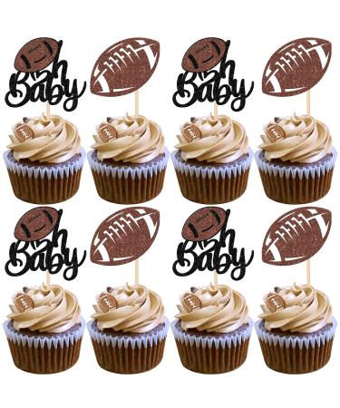24 Pack Oh Baby American Football Cupcake Toppers Glitter Rugby Ball Oh Baby Cupcake Picks for Super Rugby Sports Theme Baby Shower Kids Birthday Party Cake Decorations Brown 1-oh Baby