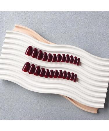 Dark Red Press On Nails - Medium Short Square & Ballerina Coffin Shape | 24 PCS Glossy Acrylic Fake Nails | Xcreando Spring Summer Collection - Buy Online on SooperMarket.com
