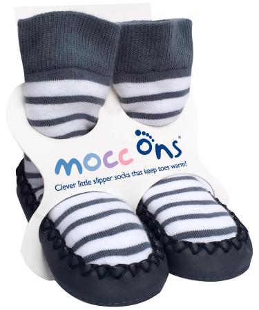 Mocc Ons moccasin washable leather sole slipper socks (18-24 Months Nautical Stripe)